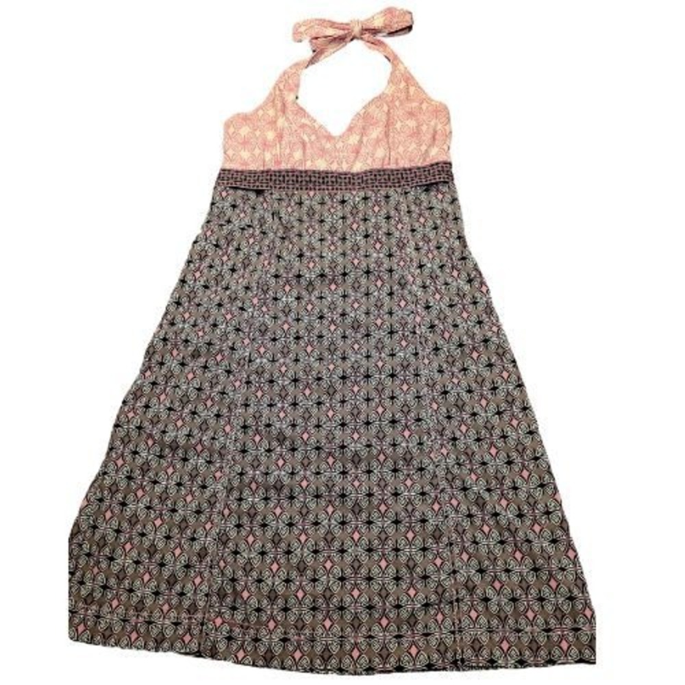 Athleta Pack Everywhere Womens Pink Brown Halter Empire Waist Smocked Midi Dress